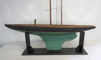Large Two Mast Pond Boat In Green, Black Paint With Red Stripe