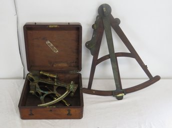 Brass Sextant In Mahogany Case Engraved W. R. Williams Newport With 3 Oculars