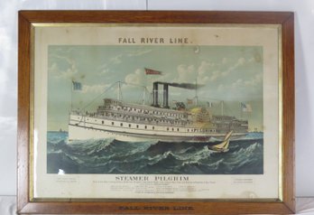 Large Folio Currier And Ives Print Of Steamer Pilgrim Fall River Line In Original Oak Frame