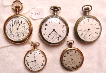 Five (5) Pocket Watches, As Is, Not Working Or Low Jewel