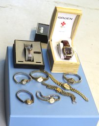 Lot Wrist Watches Includes Mens Gruen In Original Box, 7 Ladies Watches, Helbrus, Gruen, Jules Jur