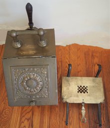 Brass Coal Scuttle With Brass Scoop Sold With Early Brass And Wrought Iron Fireplace Trivet