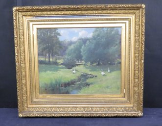 J. Appleton Brown Oil On Canvas, Landscape With Geese Along A Stream