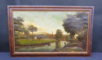 American School Landscape With Church, Federal Style Home And Grazing Cows By The Stream