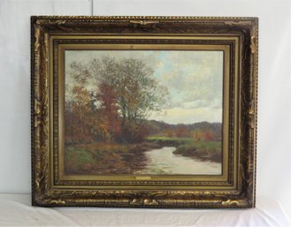 William Merritt Post Landscape Oil On Canvas, Wooded Stream In Fall