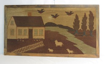 Framed Hooked Rug, Very Folky Scene With Full Cape, Picket Fence, Birds And Sheep