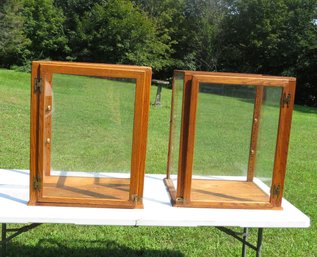 Pair Oak Table Top Display Cases With 2 Glass Shelves Each