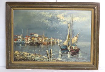R. Lindstrom Oil On Canvas,  - Fishing Boats At Port