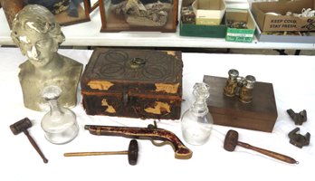 Country Lot, Leather Covered Box, Travel Desk, Decanters, Gavels, Toy Wooden Gun, Plaster Bust And Opera Glass