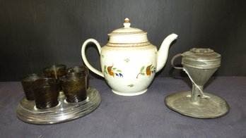 Lot Soft Paste Decorated Tea Pot With Chipped Spout, Tin Lard Lamp, Set 6 Blown Shot Glasses