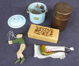 Lot Amsco Toy Baby Bottle Set In Metal Pot, Wooden Dancing Toy, Humidor And Pipe