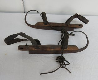Pair Early Wrought Iron And Wood Skates