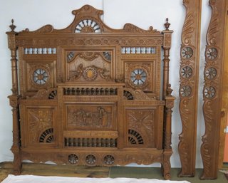 Elaborately Carved And Spool Turned Bed With Scenic Panels