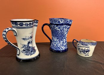 Three  (3) Royal Doulton Blue And White Pitchers