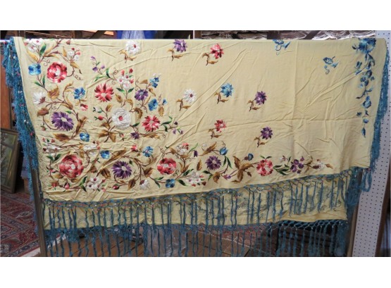 Floral Embroidered Silk Shawl With Long Knotted Tassels