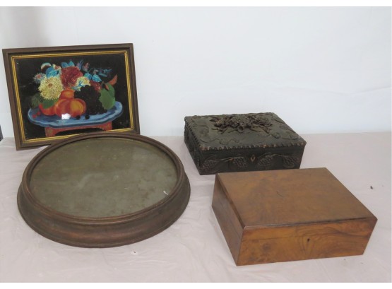Lot Victorian Walnut Shadow Box, Reverse Painting Still Life, Travel Desk, Leather Box With Leather Applique