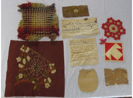 Lot Odd Pieces Of Needlework Including A Colorful Finely Embroidered Table Cover