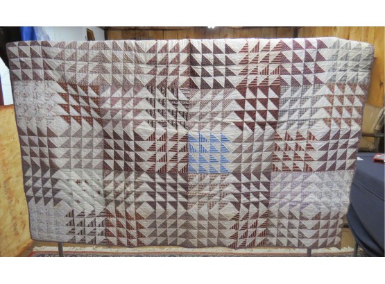 Early Geometric Quilt Brown, White And Blue With Squares And Diamond Pattern,