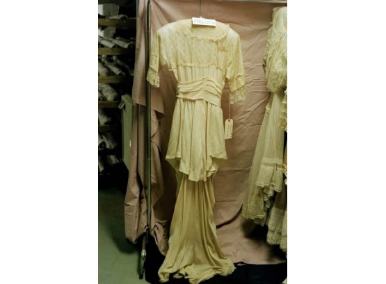 Off White Silk Crepe With Lace Collar Gown