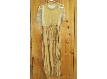 Tan Dress With White Lace Short Sleeves
