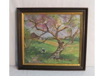 American Impressionist School Flowering Tree With Seated Girl With Barn In Background