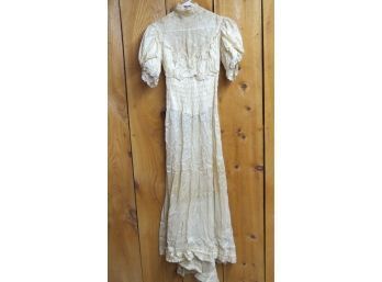 White Lace Short Sleeve Dress, Tufted Waist And Sleeves