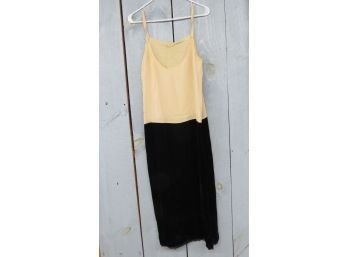 Two Tone Black And Beige Deco Style Sleeveless Dress With Silky Top And Velvet Bottom
