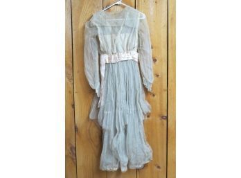 White Sheer Long Sleeve Dress With White Lace Trim, Pink Belt And Inner Lining,