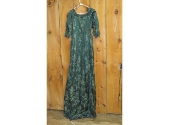 Green And White Silk Brocade Sacque Dress With Elbow Length Sleeves.