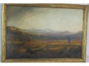 Early Oil On Canvas, Mountain Valley Scene With Farmers Haying And Covered Bridge
