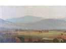 Early Oil On Canvas, Mountain Valley Scene With Farmers Haying And Covered Bridge
