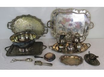 Lot Of 16 Pieces Silver Plate, 4 Trays, Tea Set, Punch Bowl Etc.