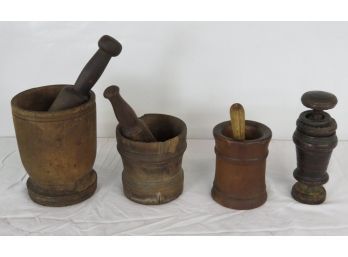 Lot 4 Wooden Mortar And Pestles