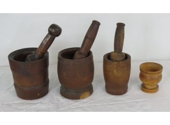 Lot 4 Wooden Mortar And Pestles, One Pestle Missing