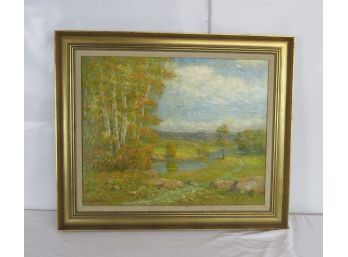 Oil On Canvas Stream With Birches In Foreground And Mountains In Background Signed C. H. Sherman