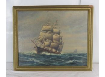 Oil On Canvas Ship Painting Signed T. Bailey