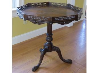 Elaborately Carved Mahogany Tilt Top Tea Table With Pierce Carved Tray Top