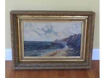 Oil On Canvas Sail Boat Against The Shore Rocks In Gold Leaf Frame