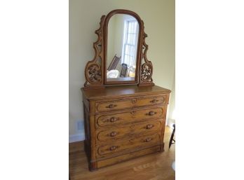 Victorian 4 Drawer Ash Chest With Tilt Mirror On Pierce Carved Arms,