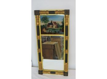 Sheraton Style Two-part Mirror With Reverse Painting Of Cottage, 28 X 13