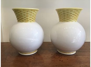 TIFFANY & Co. ITALY CERAMIC BASKETWEAVE VASES WITH YELLOW COLLARS ~BULBOUS~