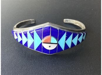 NATIVE AMERICAN ZUNI CUFF BRACELET ~LAPIS, CORAL & TURQUOISE~ SIGNED FYC