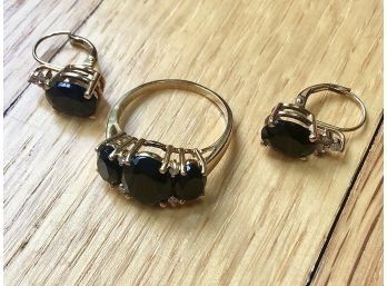 14k GOLD AND BLACK ONYX With DIAMONDS RING SZ 7.75 AND EARRINGS SET