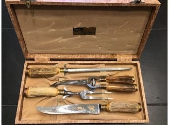 VINTAGE ROBESON OF GERMANY  5 PIECE CARVING SET WITH ANTLER HANDLES In BOX