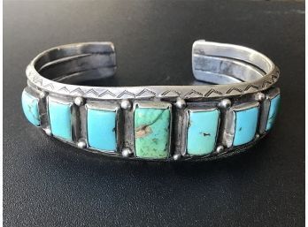 NATIVE AMERICAN PAWN SILVER TURQUOISE CUFF BRACELET ~7 STONES~