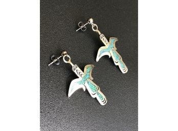 NATIVE AMERICAN WATER BIRD MOSAIC TURQUOISE AND SILVER PIERCED EARRINGS ~SIGNED~