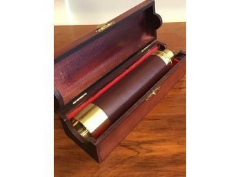 BRASS EXPANDABLE TELESCOPE 30 X 40 MM W/ LEATHER WRAP & VELVET LINED WOOD CASE