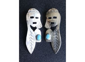 NATIVE AMERICAN FIGURAL STERLING SILVER & TURQUOISE EARRINGS BY HIJE