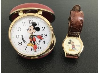VINTAGE MICKEY MOUSE DISNEY TRAVELING ALARM CLOCK BY BRADLEY AND WRISTWATCH BY SEIKO