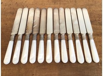 ANTIQUE SET OF 12 GORHAM MOTHER OF PEARL KNIFES KNIVES WITH STERLING SILVER FERRULES